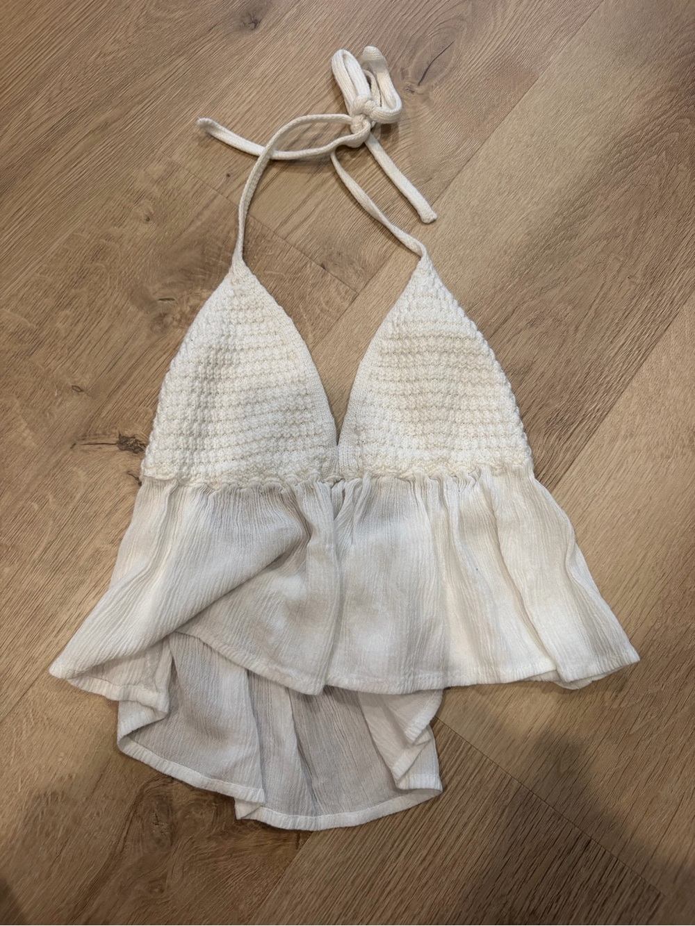 Garage Cream Crochet Halter Swim Top with Ruffled Hem